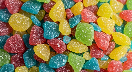 Close-up of vibrant, sugar-coated gummy candies in red, yellow, green, and blue, a sweet and sour confection background.