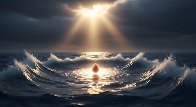 A solitary droplet creates ripples in the ocean as sunlight breaks through dark clouds in a dramatic seascape scene