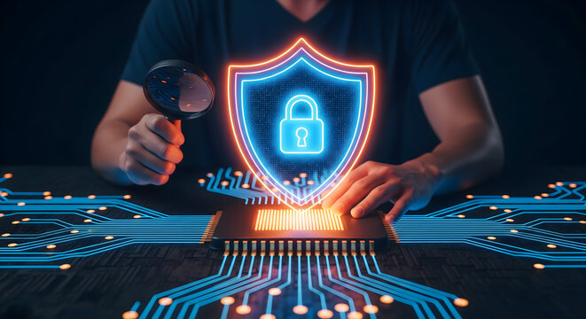 Cybersecurity expert analyzing data chip with magnifying glass for threats online - Powered by Adobe