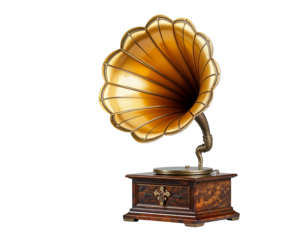 Vintage Gramophone with Golden Horn and Ornate Wooden Base