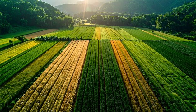 Aerial view of cultivated fields showing symmetrical patterns, varied crop colors, and vibrant green forest backdrop