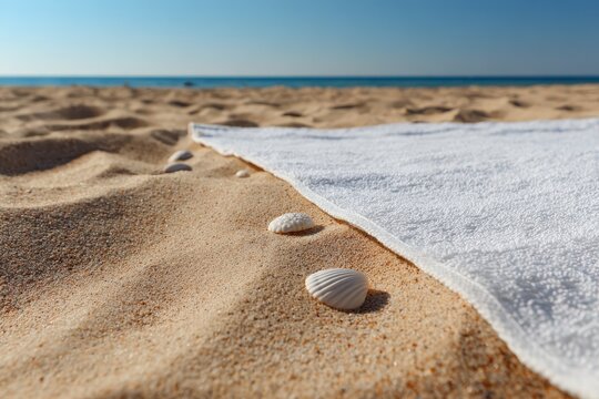 Top-down view of a clean white towel on tranquil shore with blue sea - Powered by Adobe