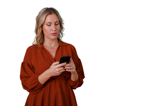 Woman using smartphone for communication, texting, and browsing social media with transparent background
