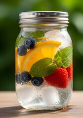 A refreshing infused detox water with blueberries, strawberries, orange slices, and mint, served ice-cold in a mason jar for summer