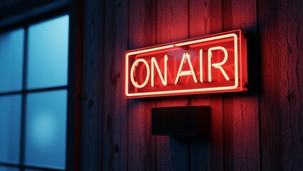 Neon ON AIR sign on wooden wall