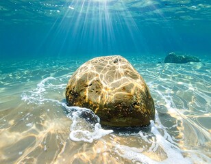 Underwater view of a rock formation with sunlight shining through ocean surface
