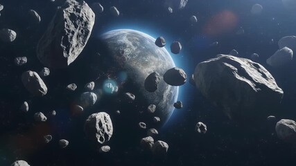 A dense asteroid field surrounds a glowing blue planet in deep space. - Powered by Adobe
