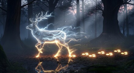 A mystical scene in a dark forest featuring a glowing, lightning-like deer with electric energy emanating from its body and illuminating the surroundings