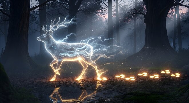 A mystical scene in a dark forest featuring a glowing, lightning-like deer with electric energy emanating from its body and illuminating the surroundings - Powered by Adobe
