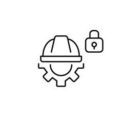 Hard hat, cogwheel and lock. Occupational safety, controlled access and equipment security. Pixel perfect, editable stroke vector icon