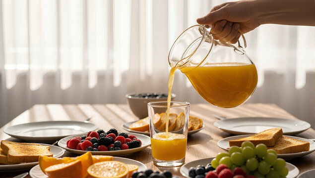 A hand pouring fresh orange juice into a glass during a healthy breakfast. Morning meal spread on a wooden table with fresh fruit, berries, and toast
