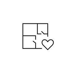 Apartment blueprint and heart. Trusted planning, caring construction, supportive architecture. Pixel perfect, editable stroke vector icon