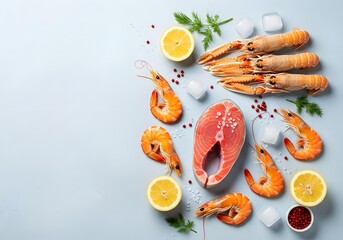 Top view of fresh seafood including shrimp, langoustines, and trout steaks, arranged in a flat lay with copy space