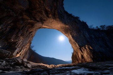 Obraz premium Moon Shining Through the Arch of Natural Rock Bridge Scenic Night Landscape Geological Formation