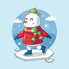 Cute Polar Bear Ice Skating in Winter Outfit