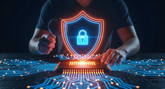 Cyber security professional assessing digital threat protection with magnifying glass