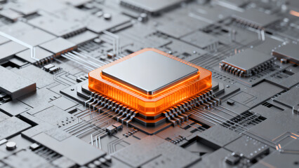 Orange Glowing Chip on Circuit Board Device