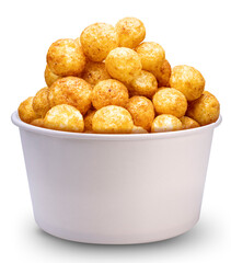 Puffed cheese balls in a paper bucket on a white background, cheese balls or cheesy puffs isolated on white with clipping path, coated in a variety of flavors such as barbecue or spicy sauce.