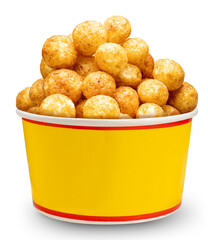 Puffed cheese balls in a paper bucket on a white background, cheese balls or cheesy puffs isolated on white with clipping path, coated in a variety of flavors such as barbecue or spicy sauce.
