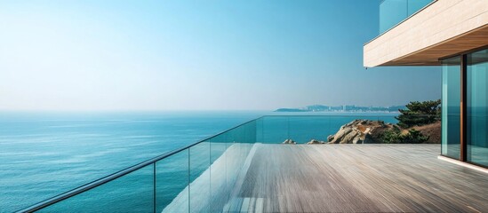 Obraz premium Modern Seaside Villa Balcony with Breathtaking Ocean and City Views