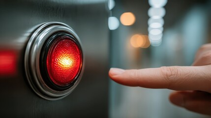 Close-up of a finger poised to press a glowing red button on a metallic surface, suggesting urgency or action in a modern setting.