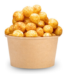 Puffed cheese balls in a paper bucket on a white background, cheese balls or cheesy puffs isolated...