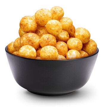 Puffed cheese balls in a black bowl on a white background, cheese balls or cheesy puffs isolated on white with clipping path, coated in a variety of flavors such as barbecue or spicy sauce.