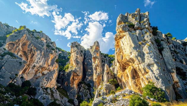 Towering, rugged rock formations with textured surfaces and sparse vegetation under a vibrant blue sky with fluffy white clouds. - Powered by Adobe