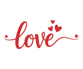 Love Word Red Script Lettering with Hearts - Romantic Calligraphy Text Vector for Valentine's Day