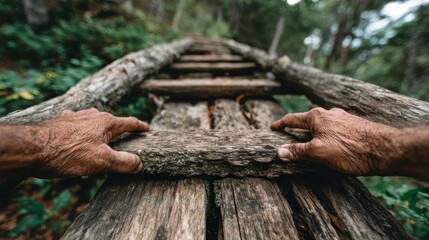 POV: Crossing a rustic wooden bridge in a green forest. Hands grip weathered planks, leading the eye through a lush, natural setting.