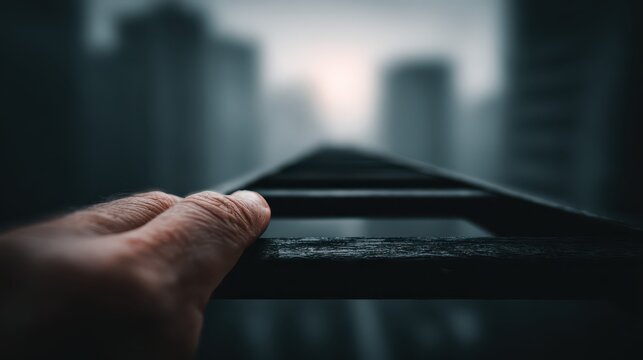 A steady climb: A hand grips a weathered ladder reaching towards blurred cityscape, symbolizing resilience and upward pursuit in life's journey.