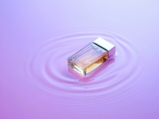 Elegant perfume bottle floating on rippling water surface
