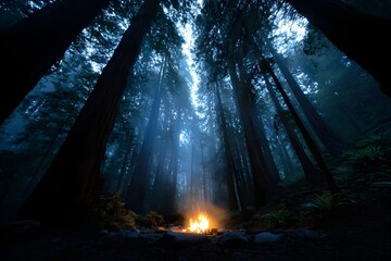 Fototapeta premium Campfire Beneath Giant Redwoods Glowing Canopy Above Majestic Forest Night Wilderness Adventure