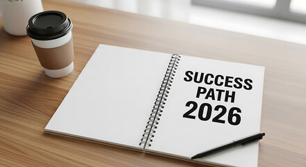 Strategic planning concept featuring a bright desktop, a pen, and an open planner titled "Success Path 2026" to inspire professional achievement and business growth.