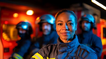 Obraz premium Black female firefighter leads her team in action