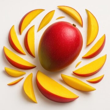 Dynamic layout of red mango with wedges and thin slices sweeping in spiral on pure white background for tropical fruit recipe packaging and design