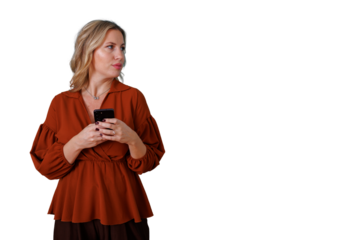 Woman holding phone, texting, looking away, engaged in technology, communicating, transparent background, studio