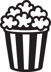 A classic, eye-level illustration of a bucket filled with freshly made popcorn in a stylish graphic composition. The iconic striped bucket holds a generous portion of fluffy, airy popcorn.