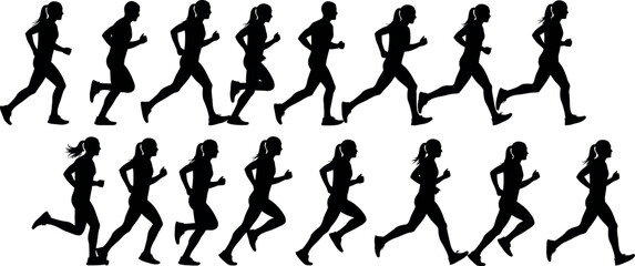 Silhouette of a group of diverse runners in motion across a white background