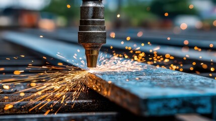 A close-up shot of a cutting machine in operation, with sparks flying and metal being cut with precision, creating a display of industrial power.