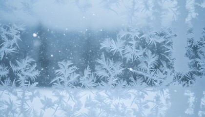 Enchanting winter frost patterns adorn glass pane with gentle snowfall outside scene