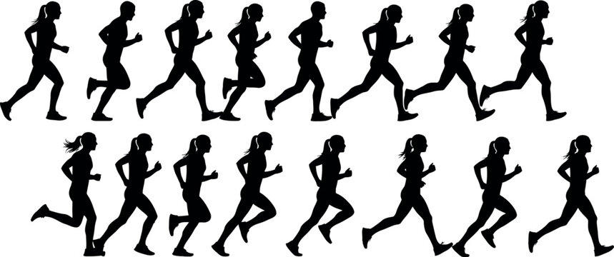 Silhouette of a group of diverse runners in motion across a white background