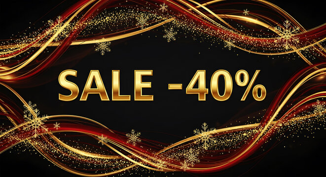Golden Swirls and Snowflakes Frame a Bold SALE -40% Announcement on Black Background sale discount