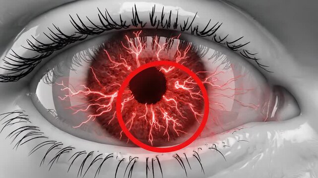 Close-up of a human eye with a red inflamed iris and a red circle highlighting the affected area symbolizing eye strain or infection.
