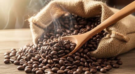 Close-up of aromatic, freshly roasted coffee beans spilling from a burlap sack, with a wooden spoon on a rustic wooden table, delicate rising.