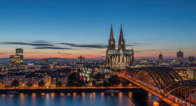 Stunning panoramic view of Cologne at twilight, showcasing the iconic Cologne Cathedral, Hohenzollern Bridge with a train, and the vibrant city lights reflecting on the Rhine River.