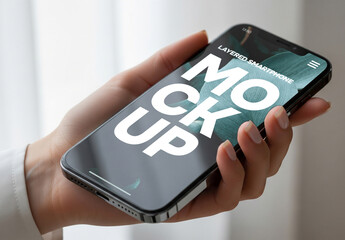 Closeup of smartphone screen held by womans hand indoors setting