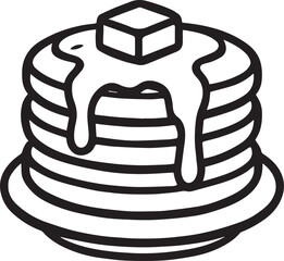 A detailed, artistic line drawing of a stack of fluffy pancakes, topped with a pat of melting butter and a drizzle of syrup, presented on a simple plate, ideal for culinary illustrations.