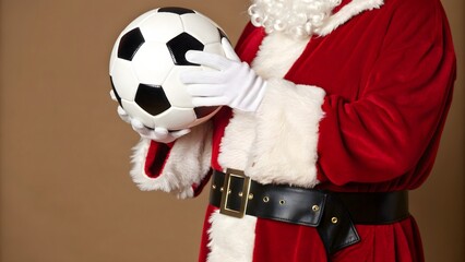 Festive holiday portrait showing Santa Claus holding a classic soccer ball, combining Christmas charm with athletic spirit in a playful seasonal sports-themed composition.