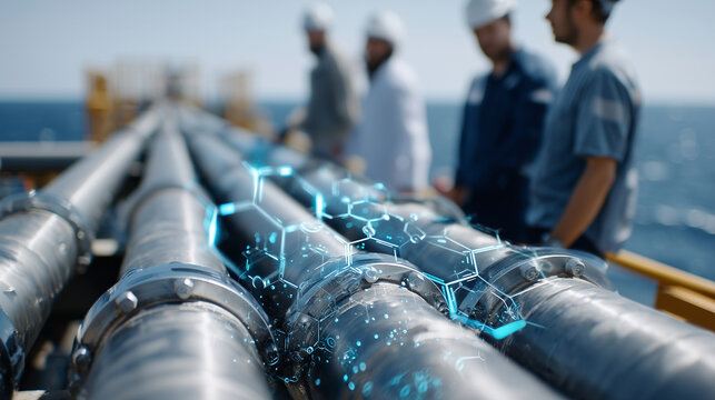 Lower-angle shot of faceless crew inspecting industrial pipes, bright holographic symbols hovering overhead, defocused ocean horizon, with copy space - Powered by Adobe